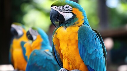 Obraz premium The parrot is resting on its perch, which is very cute and shows its advanced animal imitation ability.