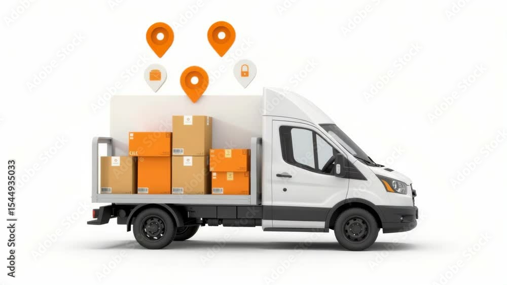 Poster a delivery truck loaded with cardboard boxes is shown with location and security icons above it on a