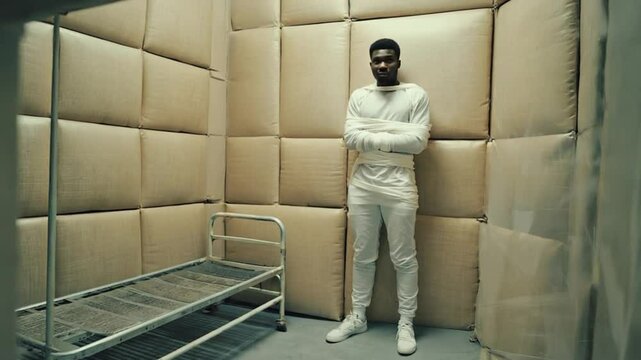 Man in a straitjacket in a psychiatric hospital.