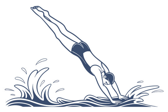 swimmer diving into water, blue outline clip art preview