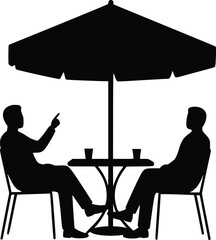 Silhouette of two individuals at an outdoor cafe table with drinks and umbrella on a sunny day