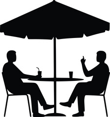 Silhouette of two individuals at an outdoor cafe table with drinks and umbrella on a sunny day