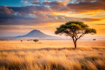 African Savanna Sunset Golden Grasslands, Majestic Mountain, and Lone Acacia Tree