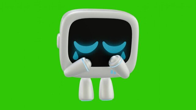 White 3D robot character animation with sad, and head down movement. Green screen background. Perfect looping.