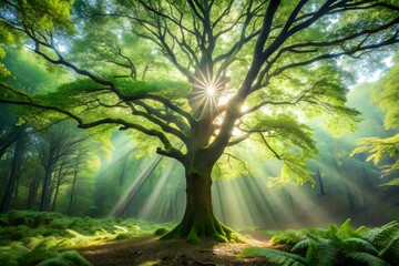 Majestic Sunlit Tree in Lush Forest Nature Photography