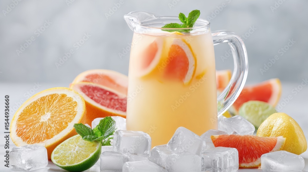 Poster pitcher of orange juice with ice cubes and a few slices of fruit on a table. the pitcher is full and