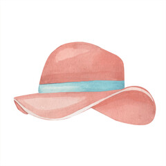 Resort summer hat with blue ribbon for beach vacation. Watercolor illustration isolated from the background. Woman stylish outfit, woman summer accessories hand drawn. For shop, sale, magazine