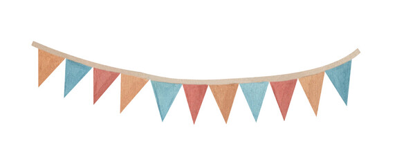 Obraz premium Bunting hanging garland Flag. Watercolor illustration of triangular garland in pastel colors. Drawing of pennants for Baby shower party greeting cards, wedding background and kids party.
