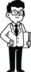 Minimalist black-and-white line drawing of a confident professional in lab coat holding a folder