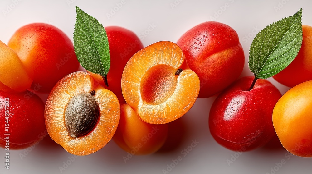 Aufkleber close up of a bunch of peaches with one of them cut open. the peaches are arranged in a row, with th
