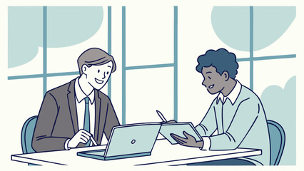 Two Professionals Brainstorming Ideas Together Using Technology Devices in Office