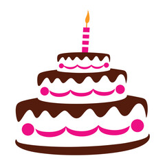 Three Layered Chocolate Cake With Pink Frosting And Single Lit Candle Birthday Celebration Sweet Treat Dessert