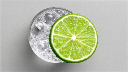 Lime wedge is on top of a glass of water. The lime is cut in half and the juice is dripping out. The glass is half full of water and ice