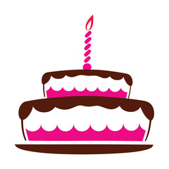 Two Layered Chocolate Cake Pink Frosting Single Candle Birthday Celebration Sweet Treat Dessert Graphic Design