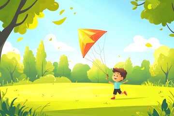 Cheerful Boy Flying a Colorful Kite in a Vibrant Green Park Illustration