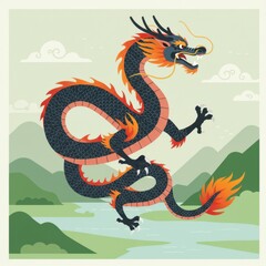 A traditional Asian dragon artwork featuring a fierce, coiled dragon with a golden and black color scheme. 