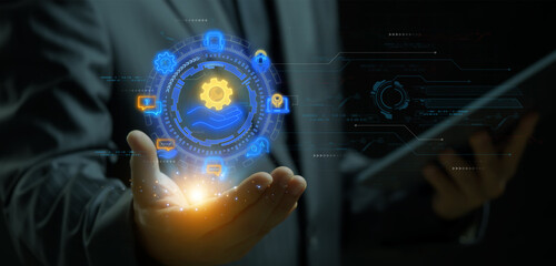 Businessman shows glowing neon line banner of technical support concept with icons of service, advice, assistance, help, reliability, expert and solutions on virtual screen.