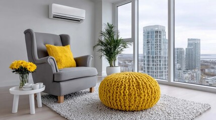 Cozy living room with a gray chair and a yellow ottoman. A potted plant sits on a table next to a vase of yellow flowers. The room has a warm and inviting atmosphere