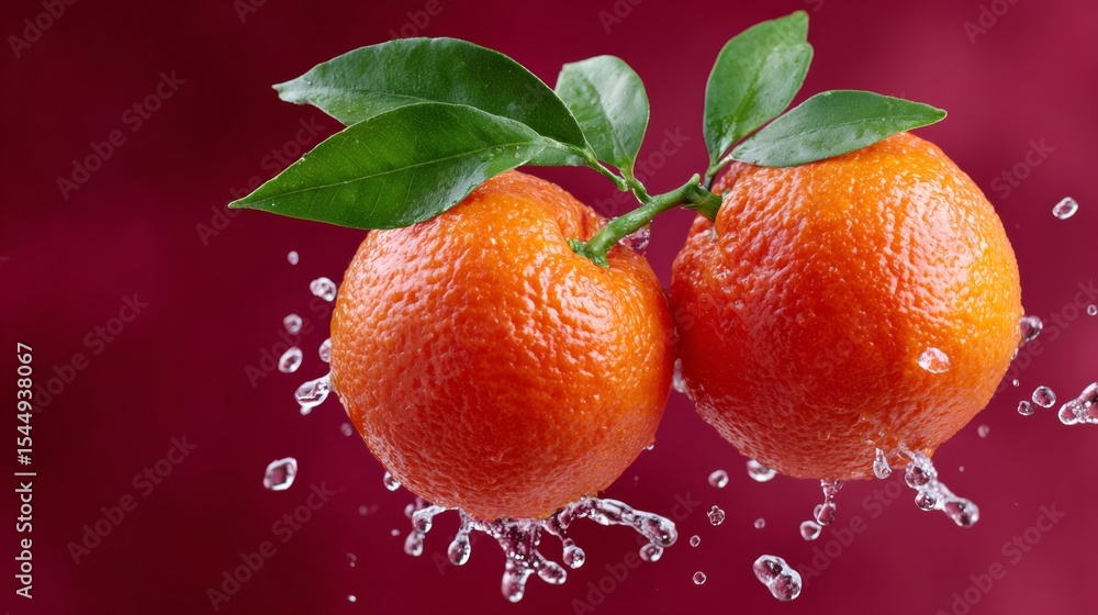 Poster two oranges are falling into a pool of water. the water is splashing and the oranges are floating