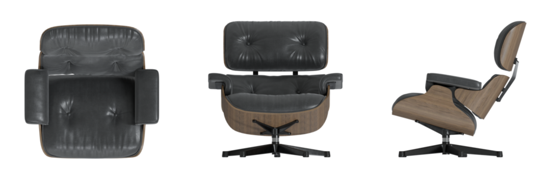 Furniture Lounge Chair Armchair Top View, Front View, Side View. Isolated Transparent Background