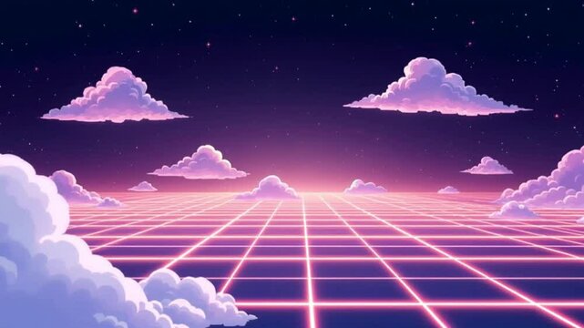 Neon Horizon: An ethereal landscape with a grid of neon lights stretching into the distance, accented by fluffy clouds and a starry night sky, creating a futuristic and dreamy atmosphere.