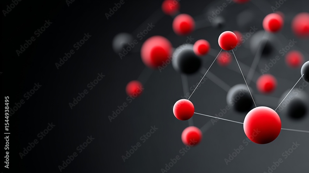 Poster close up of red and black spheres on a black background. the spheres are connected by strings, givin