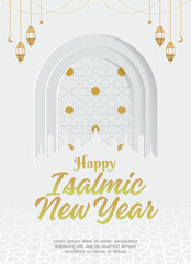 Happy Muharram Islamic Greeting Card Design with Decorative Islamic Background