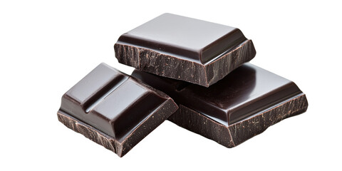 Stack of dark chocolate pieces with square segments and rich brown texture isolated on white transparent background