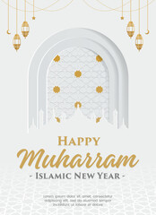 Happy Muharram Islamic Greeting Card Design with Decorative Islamic Background