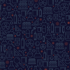 Education doodle seamless pattern. Science line hand drawn elements - mathematics formula, chemistry molecule, dna, graph, scientific experiment vector repeated background