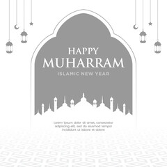 Happy Muharram Islamic Greeting Card Design with Decorative Islamic Background
