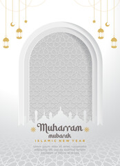 Happy Muharram Islamic Greeting Card Design with Decorative Islamic Background