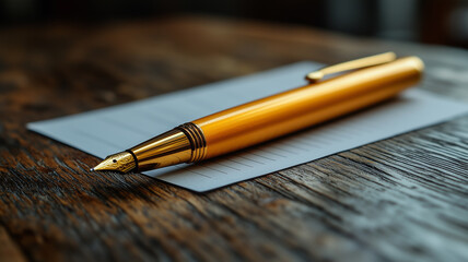 Fototapeta premium Golden Fountain Pen on a Business Card, Ready to Write