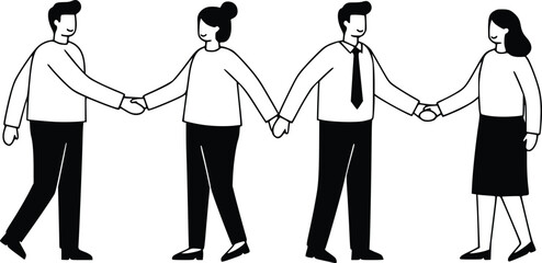 Black and white line drawing of four people in handshake formation, a minimal teamwork and collaboration scene in profile