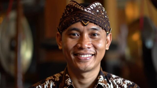 Smiling Javanese Man in Traditional Blangkon and Batik