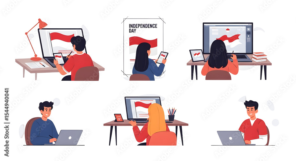 Poster multiple individuals in various poses interacting with laptops and mobile devices. diverse figures e