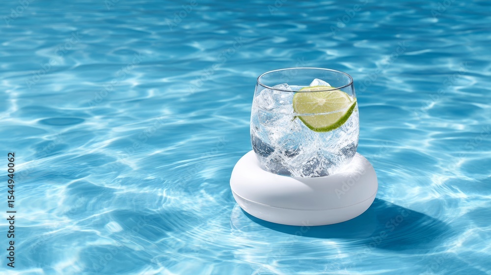 Poster glass of water with a lime slice in it is floating on top of the water. concept of relaxation and le