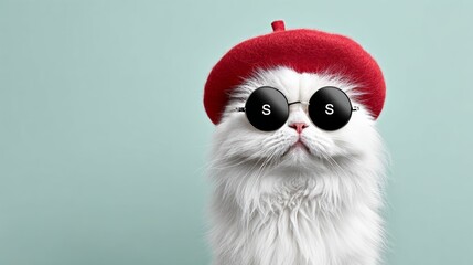 Fototapeta premium Cat wearing sunglasses and a red hat with the letters S and $ on it. The cat is looking at the camera