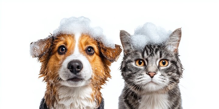 Dog and cat with bubbly soap on their heads staring straight at the camera. Pets getting a bath together, isolated on white backdrop.