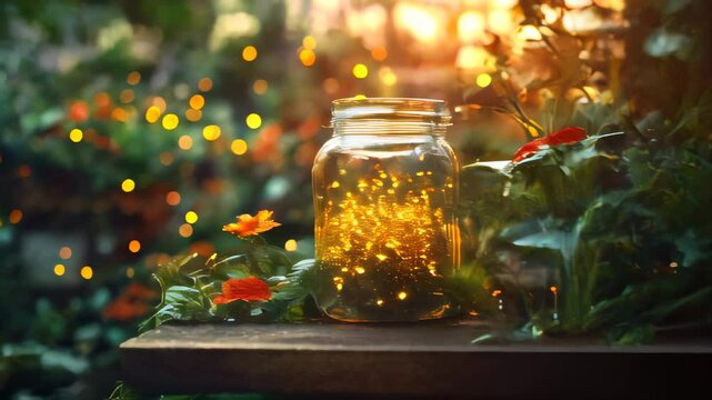 Jar of fireflies sitting on a table