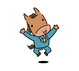ジャンプするスーツ姿の馬キャラクターのイラスト