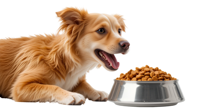 Paws of Anticipation Playful Canine Awaits Meal in Bowl of Kibble Isolated on Transparent Background – Hungry Dog Moment
