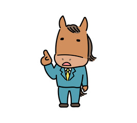 指差して解説するスーツ姿の馬キャラクター