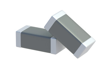 Two smd capacitors isolated on white background. Electronic component. Circuit board element. 3d render