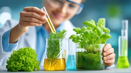 Renewable energy scientists developing eco-solutions in high-tech lab, surrounded by solar models, green tools, and clean tech materials, symbolizing innovative development for sustainable future