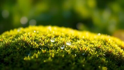 Close-up of dewy moss illuminated by sunlight