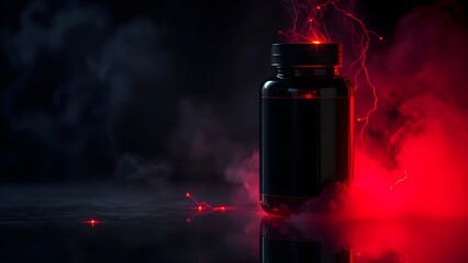 Dramatic Dark Bottle of Supplements with Red Lightning Effects