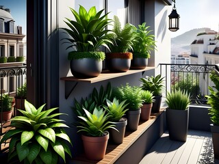 Stylish Balcony Garden with Various Houseplants