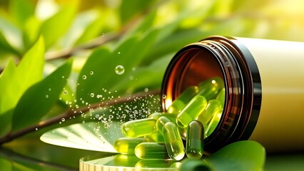 Green Natural Supplements Pouring from a Bottle onto Lush Leaves