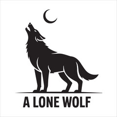 Howling Lone Wolf Silhouette Under Crescent Moon – Vector Animal Logo Design